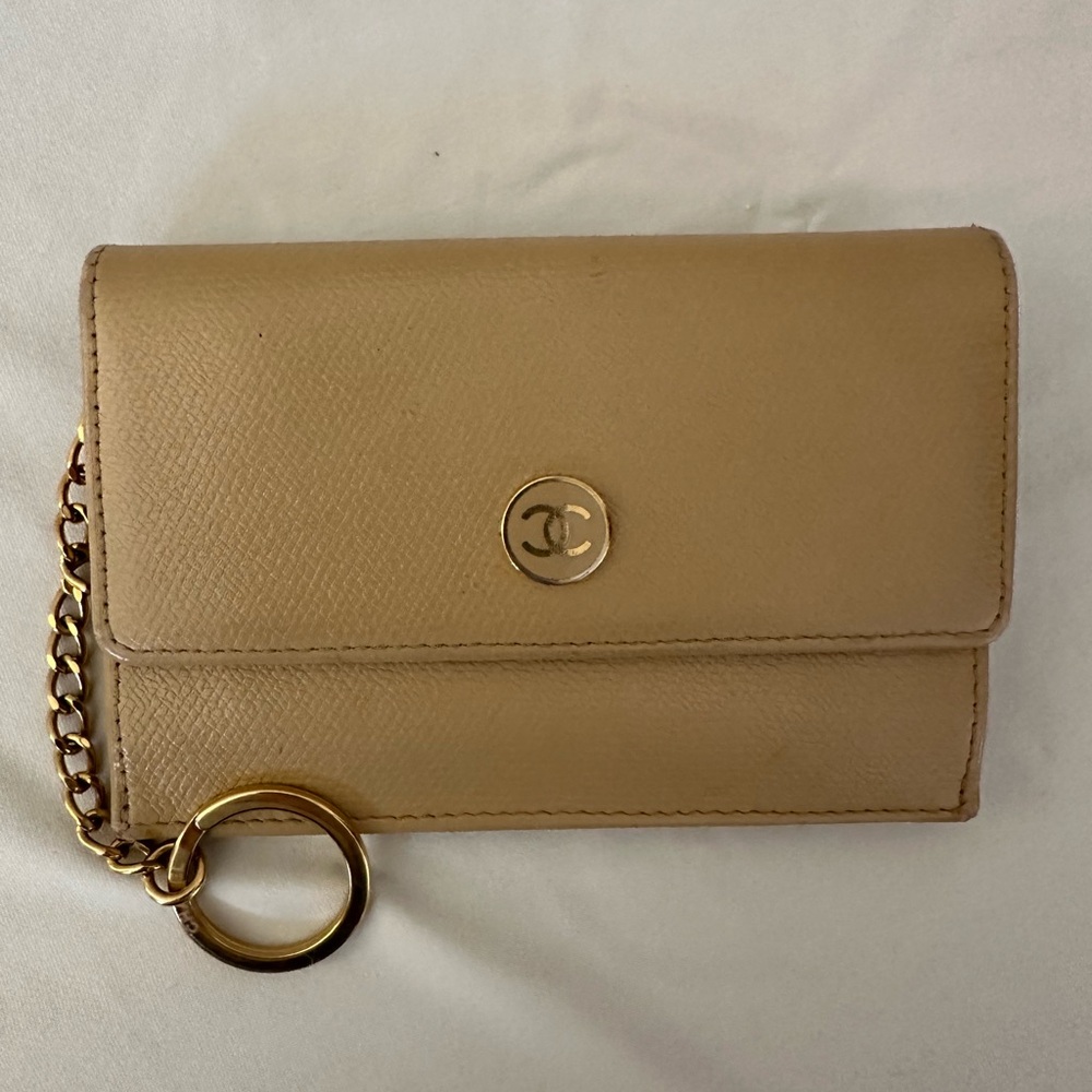 CHANEL Vintage Tan Wallet with Gold Chain Accent. Authentic